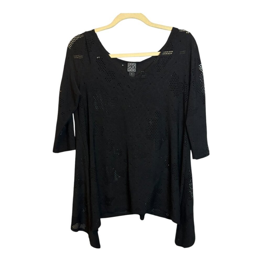 Clara Sun Woo Blouse Shirt Women's Size Small Eyelet‎ Lace Floral Black
